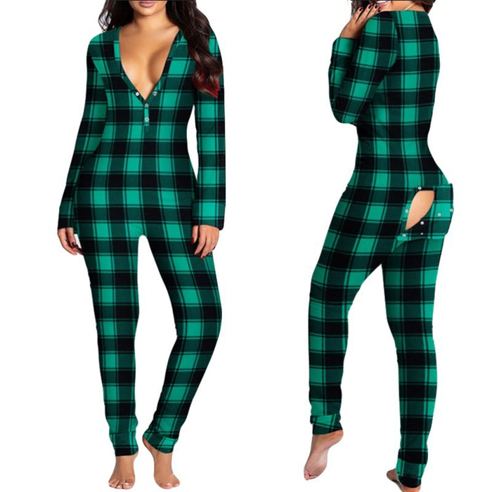 Women's Plaid Print V-Neck Long Sleeve Jumpsuit