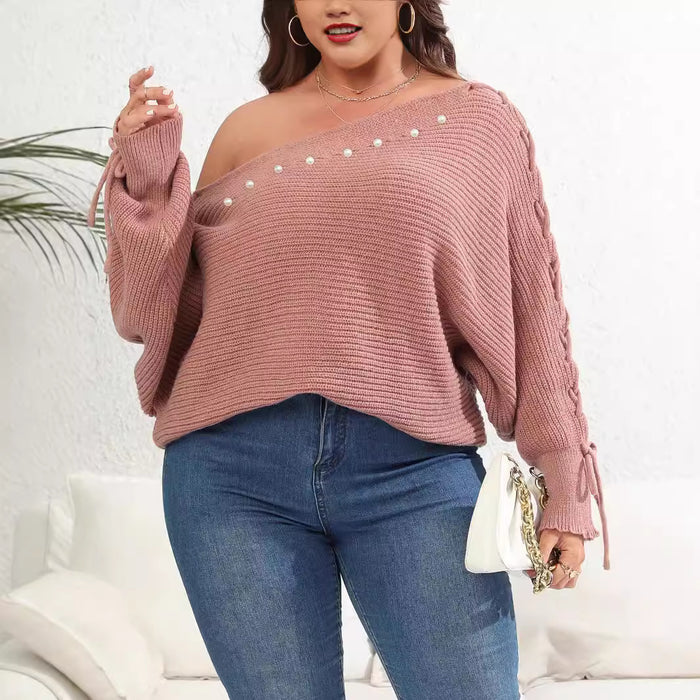 Women's Plus Size Batwing Sleeve Lace-Up Sweater