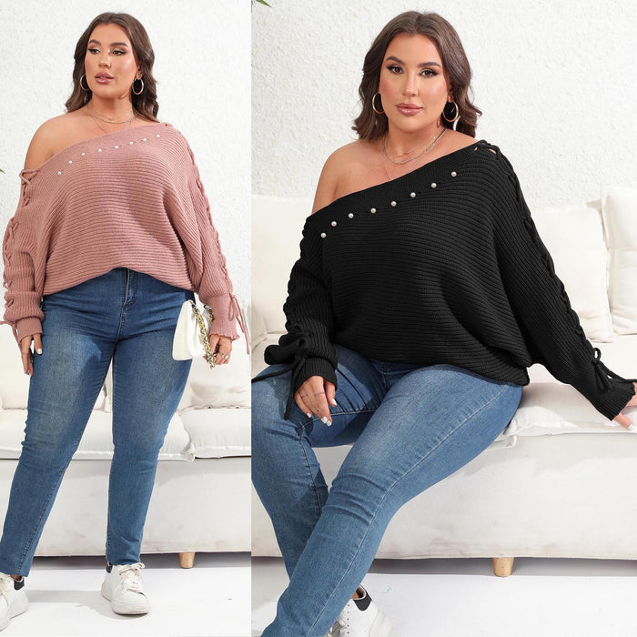 Women's Plus Size Batwing Sleeve Lace-Up Sweater