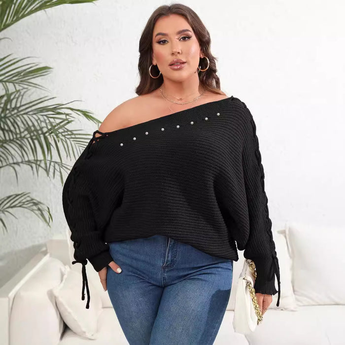 Women's Plus Size Batwing Sleeve Lace-Up Sweater