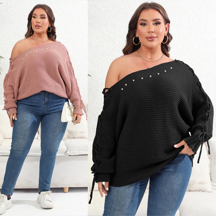 Women's Plus Size Batwing Sleeve Lace-Up Sweater