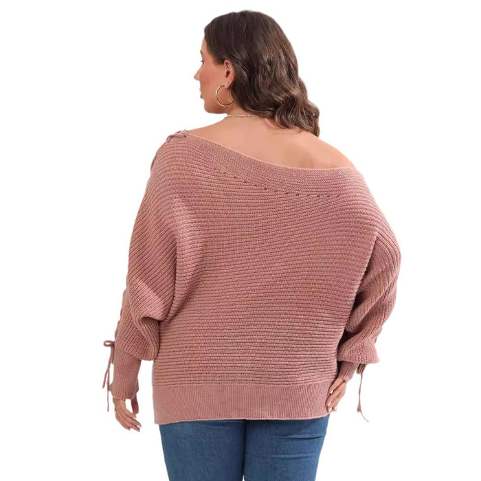 Women's Plus Size Batwing Sleeve Lace-Up Sweater