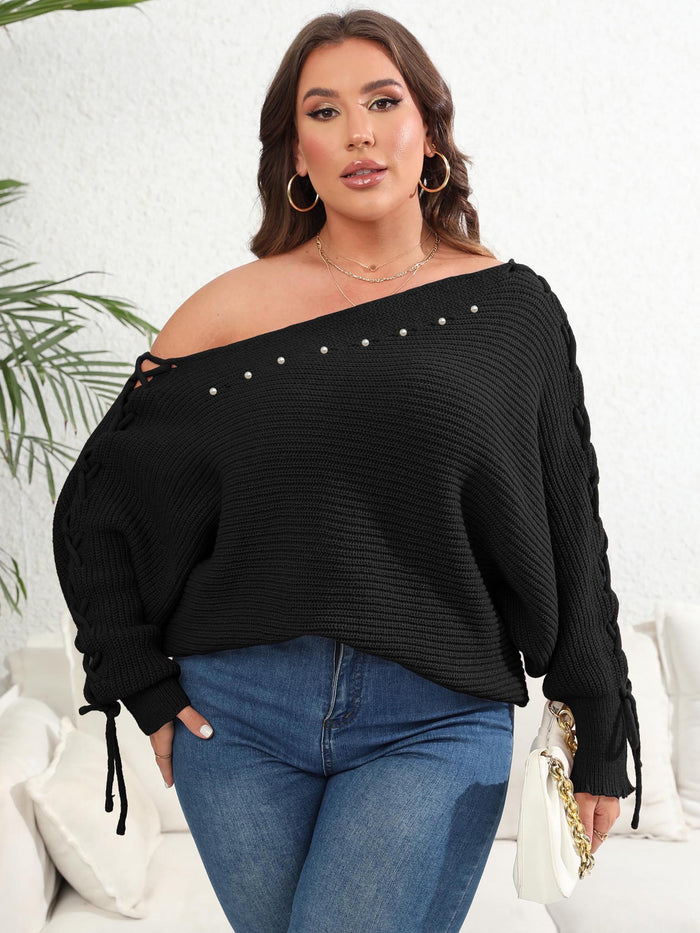 Women's Plus Size Batwing Sleeve Lace-Up Sweater