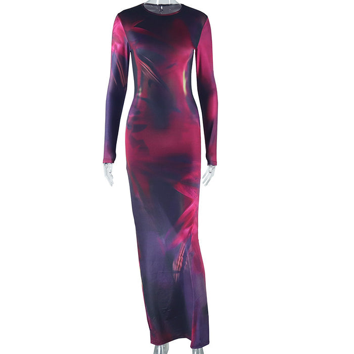 Women's Printed Long Sleeve Slim Fit Dress