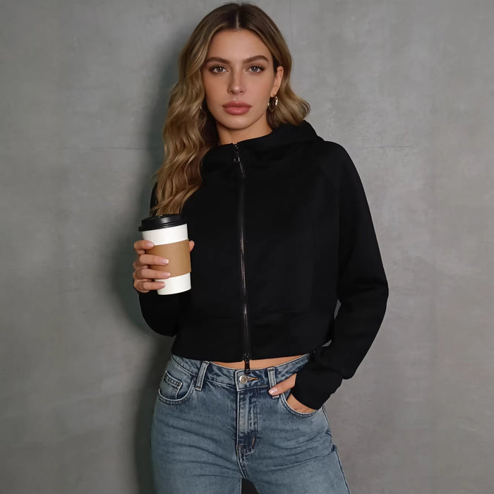 Women's Retro Double-Zip Fleece-Lined Cropped Hoodie Jacket