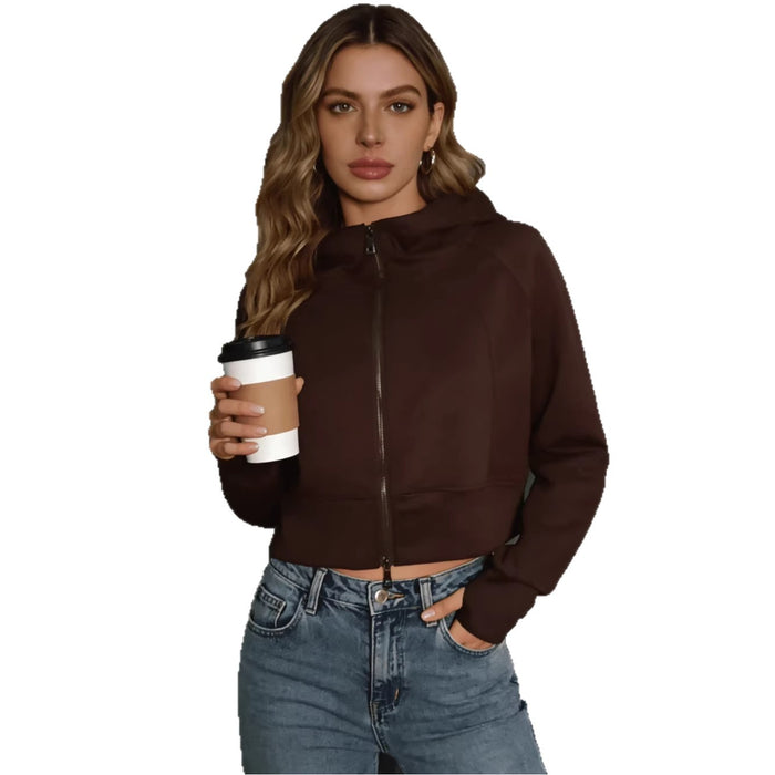 Women's Retro Double-Zip Fleece-Lined Cropped Hoodie Jacket