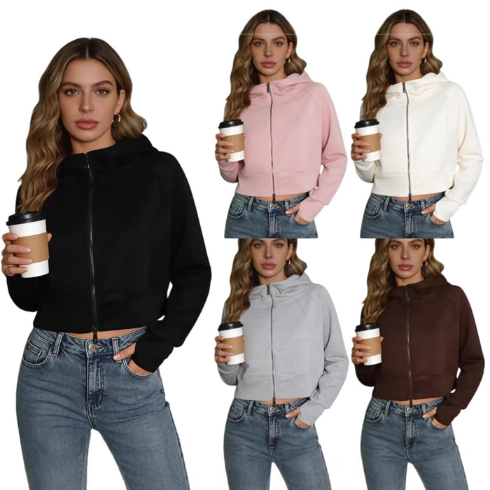 Women's Retro Double-Zip Fleece-Lined Cropped Hoodie Jacket