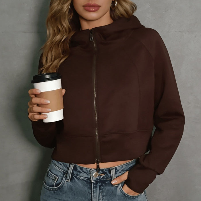 Women's Retro Double-Zip Fleece-Lined Cropped Hoodie Jacket