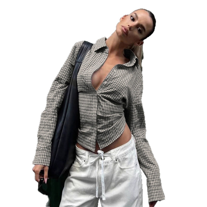 Women's Retro Plaid Tie-Up Long Sleeve Shirt