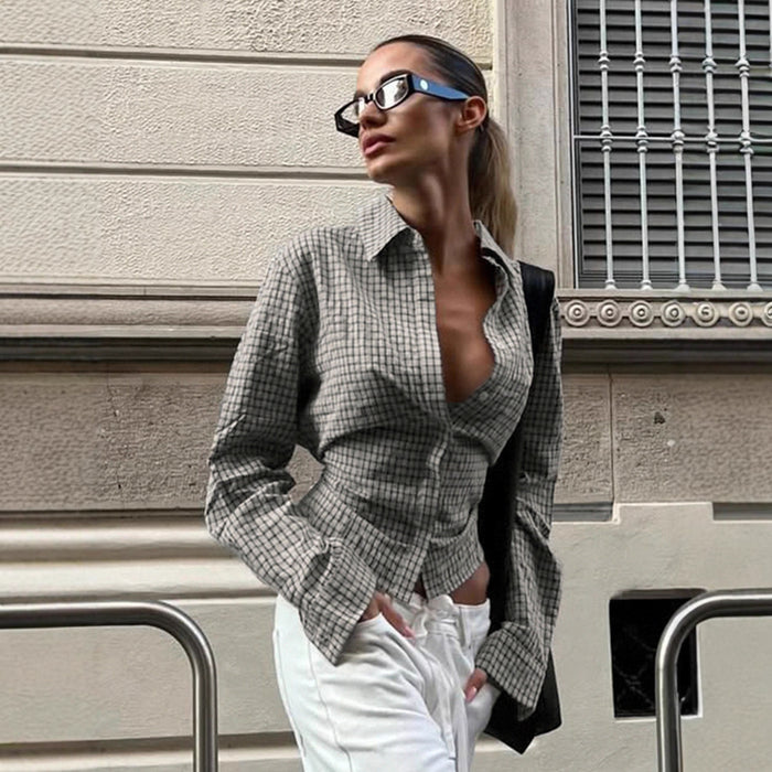 Women's Retro Plaid Tie-Up Long Sleeve Shirt