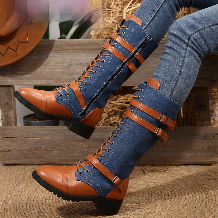 Women's Round Toe Rivet Belt Buckle Square Heel Boots