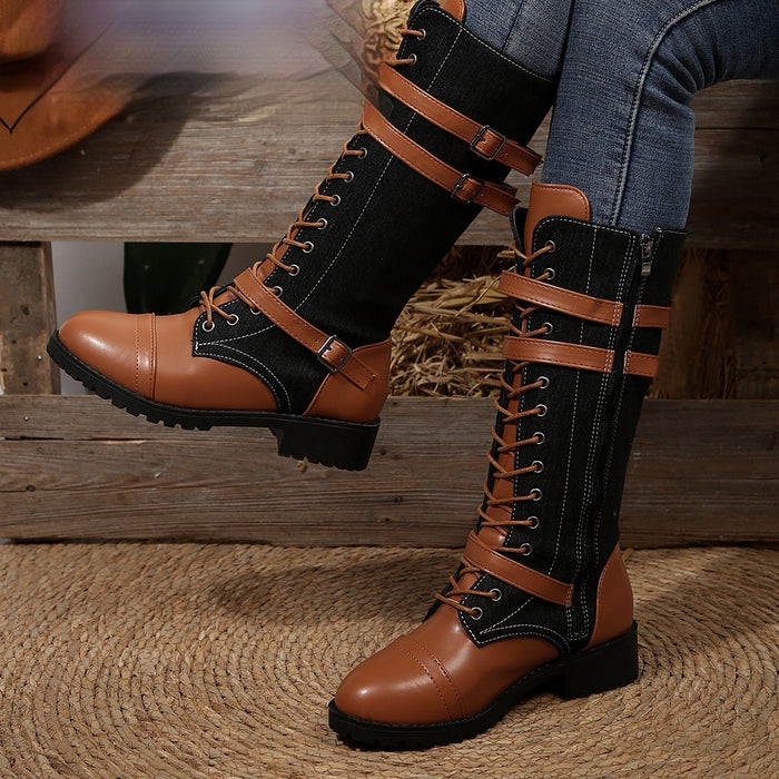 Women's Round Toe Rivet Belt Buckle Square Heel Boots