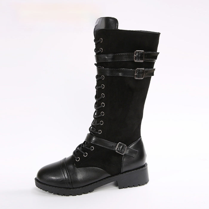 Women's Round Toe Rivet Belt Buckle Square Heel Boots