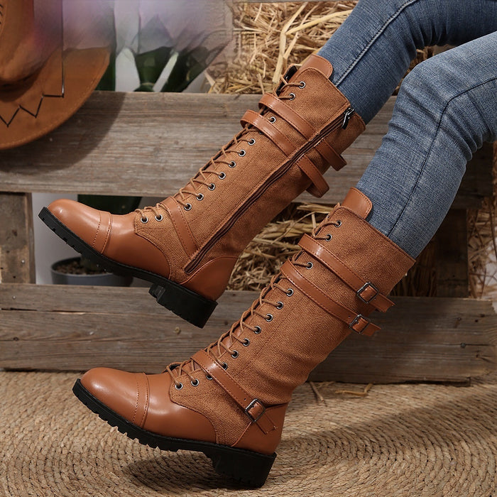 Women's Round Toe Rivet Belt Buckle Square Heel Boots