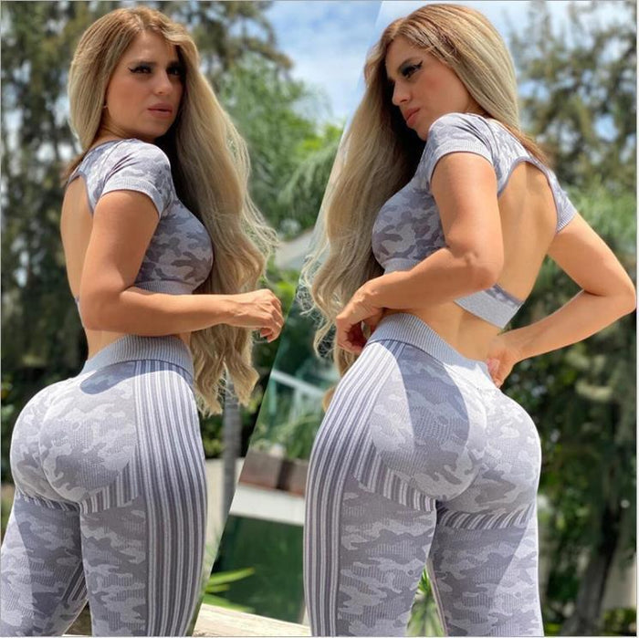 Women's Seamless Short-Sleeve Yoga Set with Hip-Lift Pants