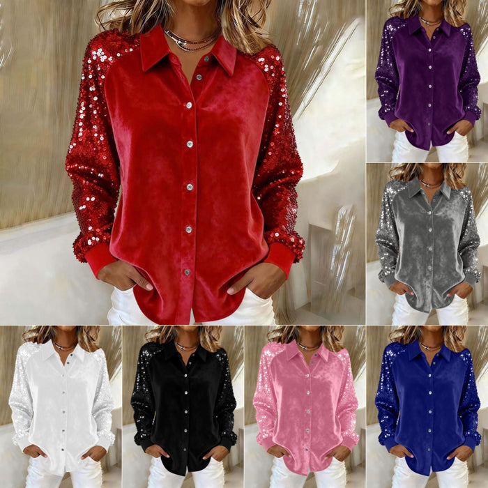Women's Sequin Long Sleeve Button-Down Blouse