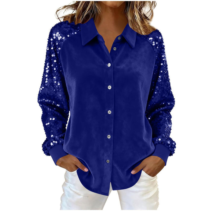 Women's Sequin Long Sleeve Button-Down Blouse