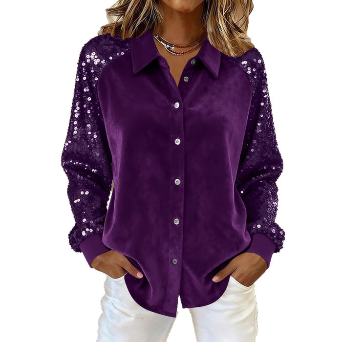 Women's Sequin Long Sleeve Button-Down Blouse