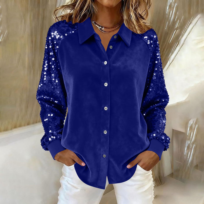 Women's Sequin Long Sleeve Button-Down Blouse