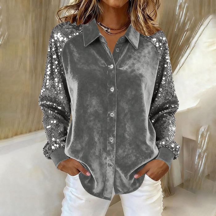 Women's Sequin Long Sleeve Button-Down Blouse