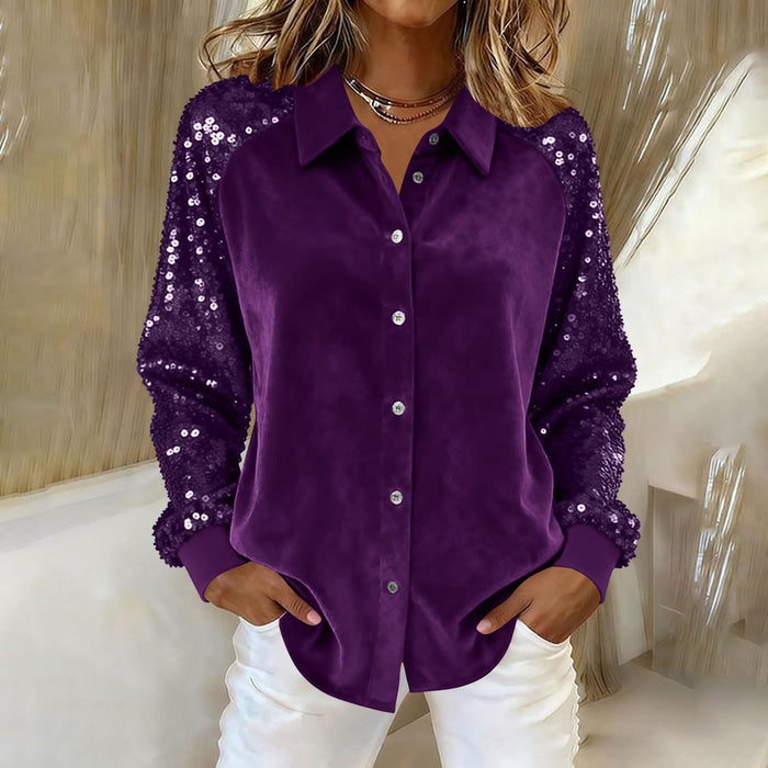 Women's Sequin Long Sleeve Button-Down Blouse