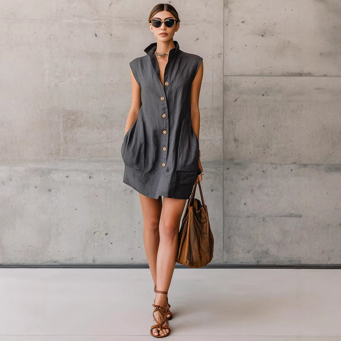 Women's Sleeveless Stand-Collar Shirt Dress