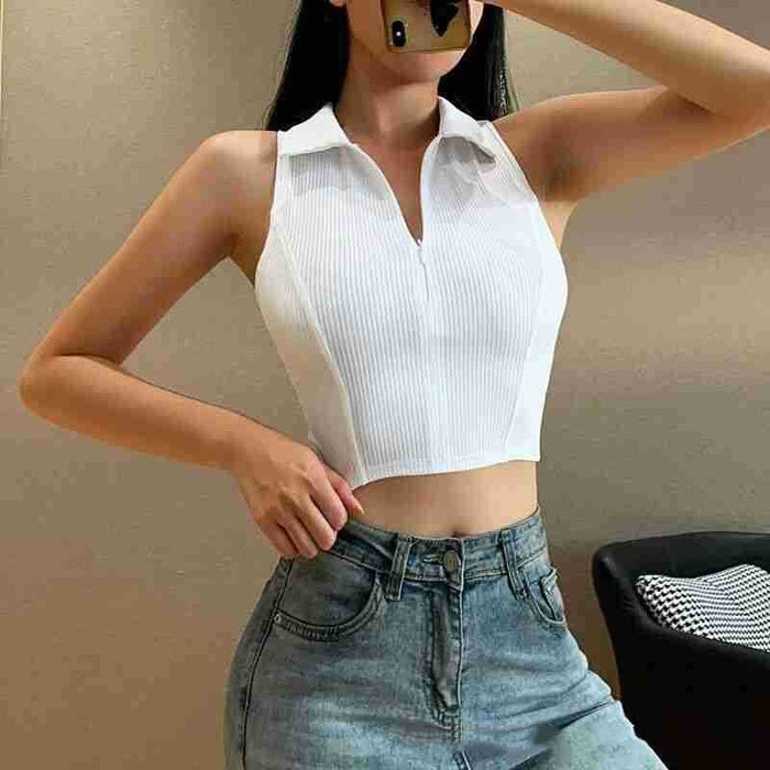 Women's Sleeveless Zipper V-Neck Cropped Vest