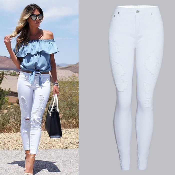 Women's Slim-Fit White Ripped Skinny Pants