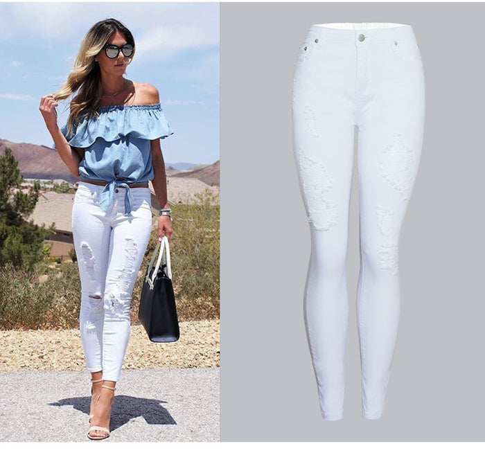 Women's Slim-Fit White Ripped Skinny Pants
