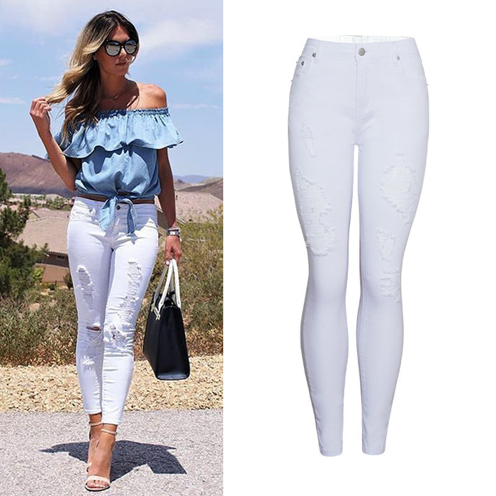 Women's Slim-Fit White Ripped Skinny Pants