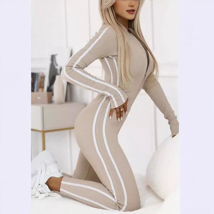 Women's Slim Striped Half-Zip Jumpsuit
