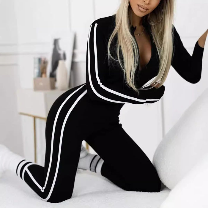 Women's Slim Striped Half-Zip Jumpsuit
