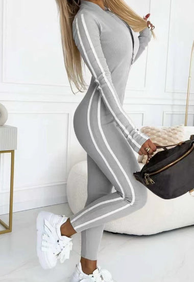 Women's Slim Striped Half-Zip Jumpsuit