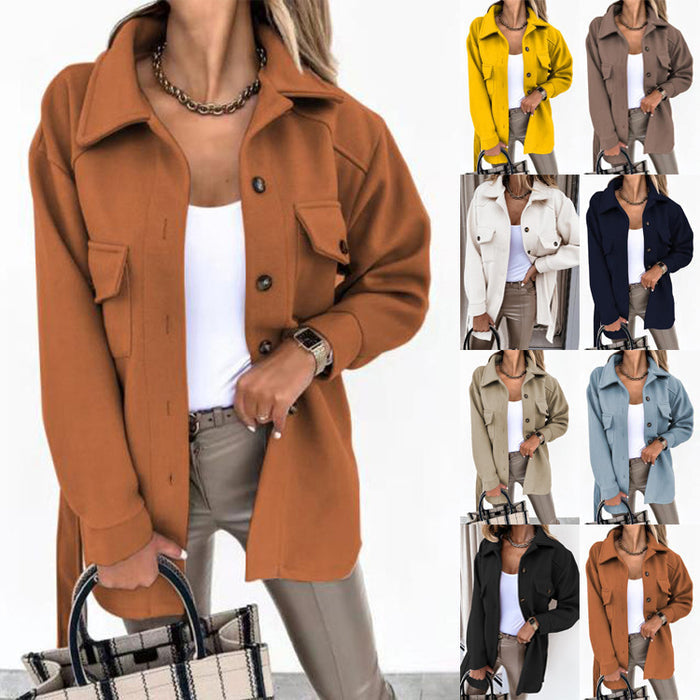 Women's Solid Color Lapel Wool Coat with Button & Tie Details