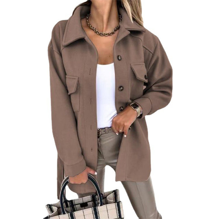 Women's Solid Color Lapel Wool Coat with Button & Tie Details