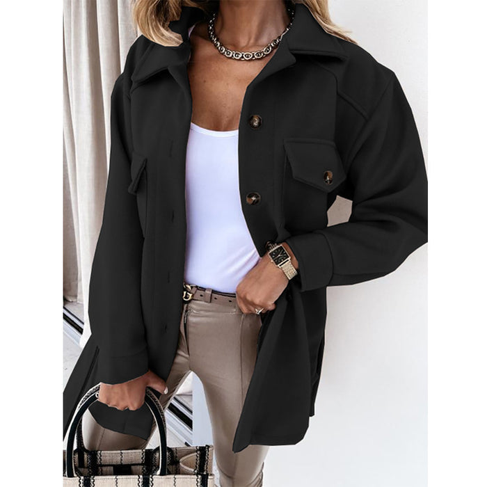 Women's Solid Color Lapel Wool Coat with Button & Tie Details