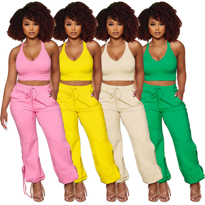 Women's Solid Color Tank Top & Tie Pants Two-Piece Set
