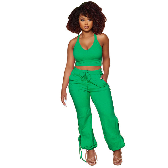 Women's Solid Color Tank Top & Tie Pants Two-Piece Set