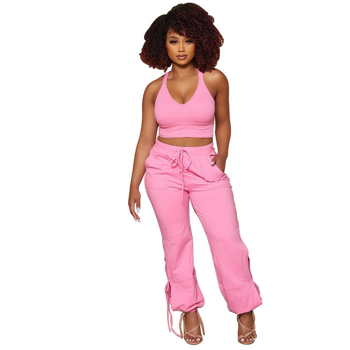 Women's Solid Color Tank Top & Tie Pants Two-Piece Set