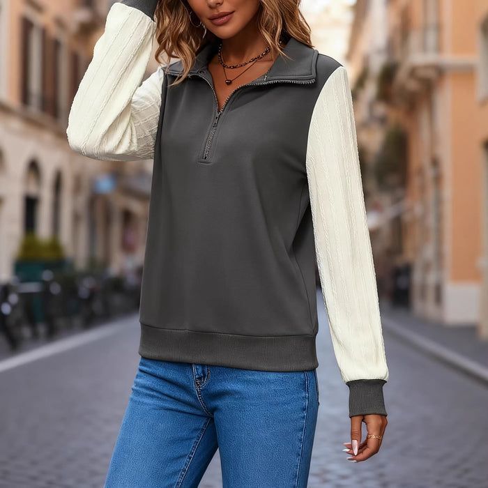 Women's Spring And Autumn Half Zipper Color Blocked Casual Long Sleeved Hoodie