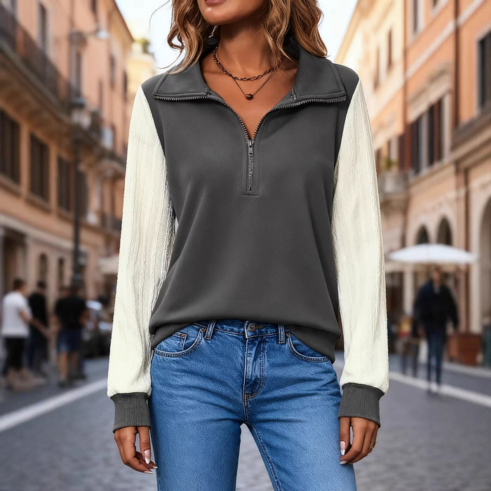 Women's Spring And Autumn Half Zipper Color Blocked Casual Long Sleeved Hoodie