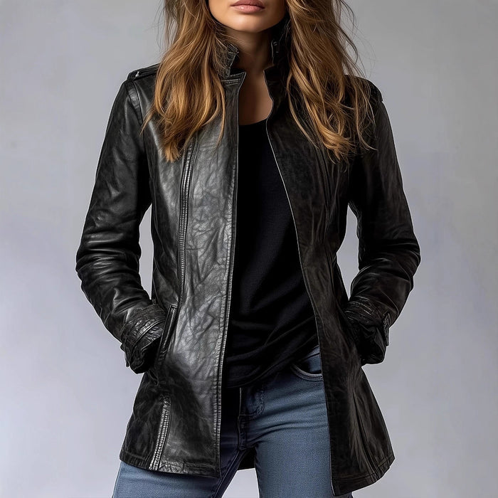 Women's Stand Collar Distressed Leather Jacket