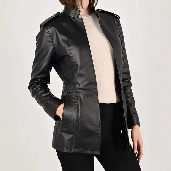 Women's Stand Collar Distressed Leather Jacket