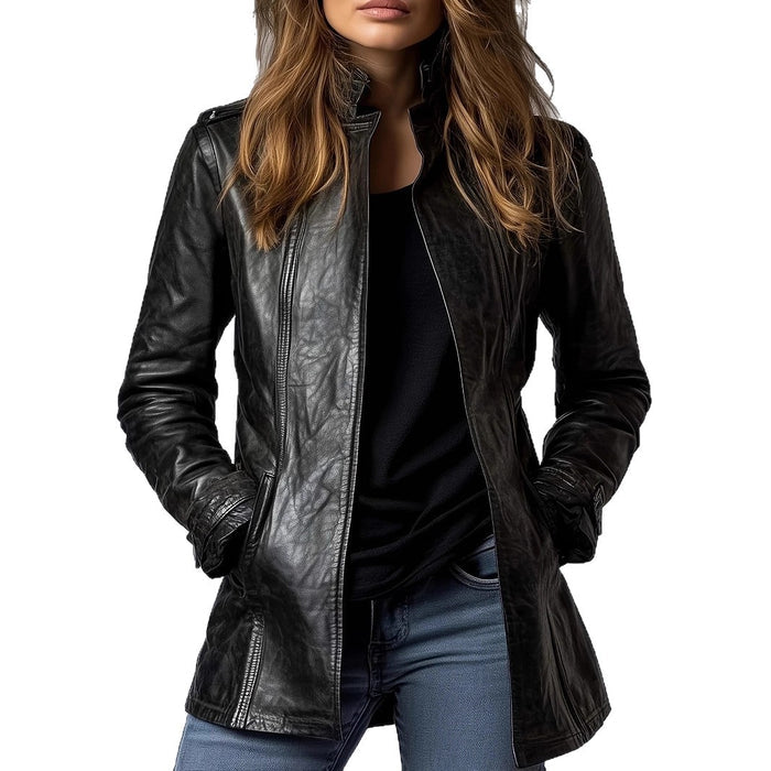 Women's Stand Collar Distressed Leather Jacket