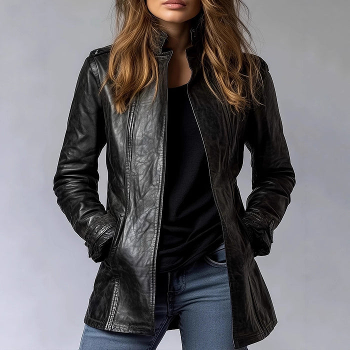 Women's Stand Collar Distressed Leather Jacket
