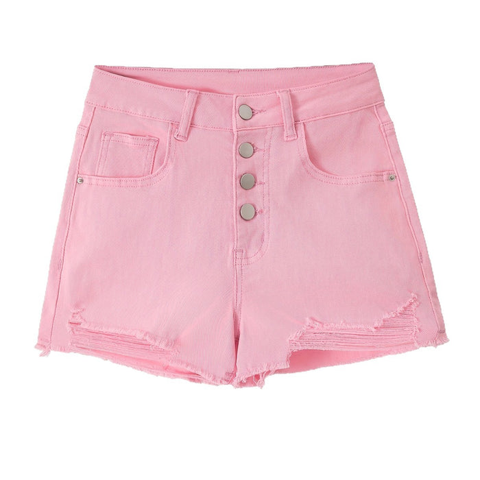 Women's Stretchy Slim-Fit Distressed Denim Shorts | Pink | S–XXL