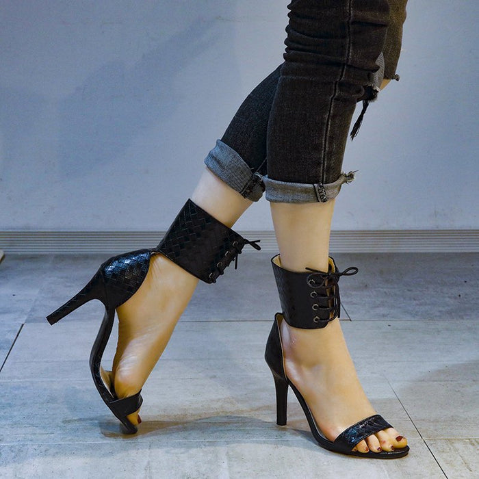 Women's Suede Lace-Up Open-Toe Stiletto Sandals