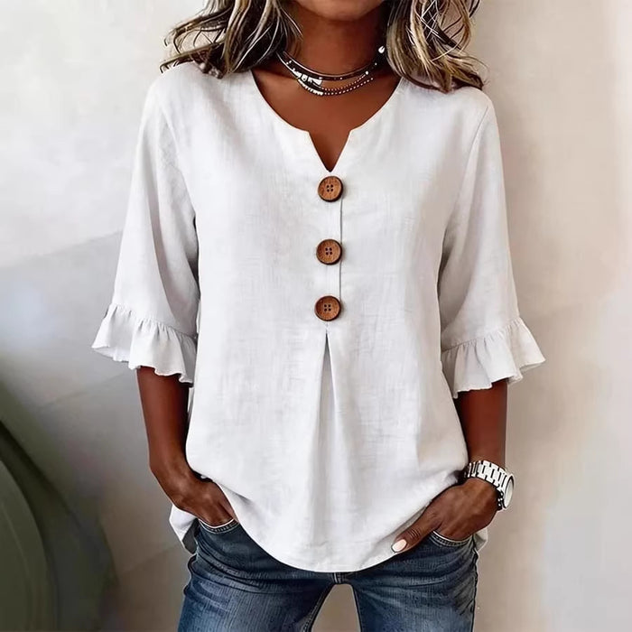 Women's V-Neck Cotton-Linen Button-Up Top.