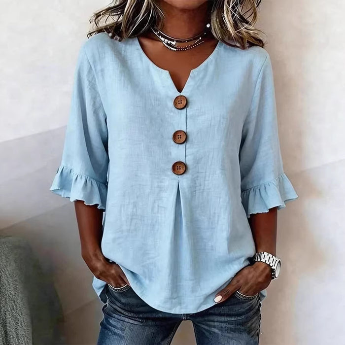 Women's V-Neck Cotton-Linen Button-Up Top.