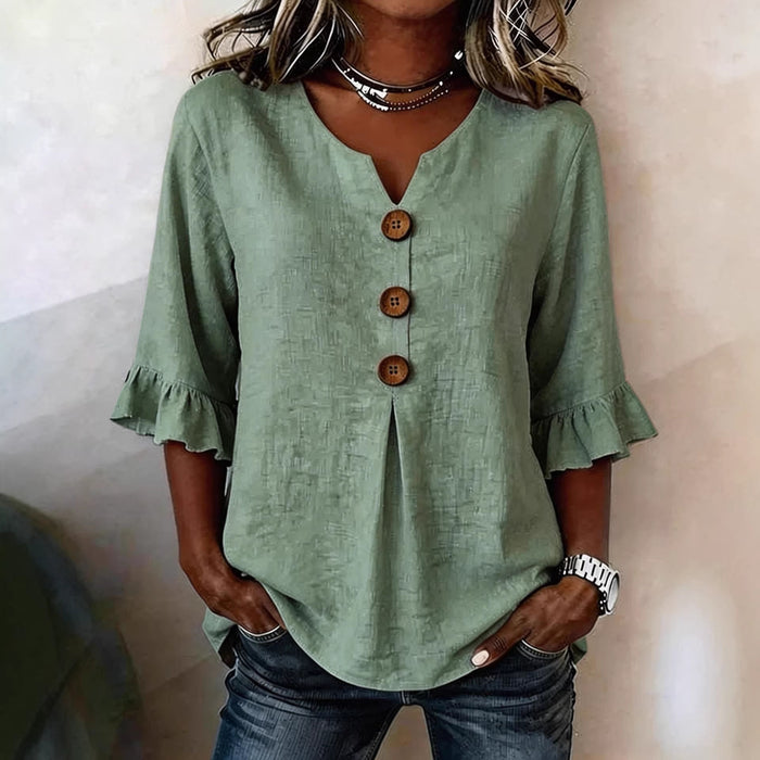 Women's V-Neck Cotton-Linen Button-Up Top.